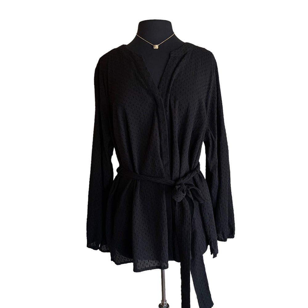 Lane Bryant Black Textured Long Sleeve Button Up Waist Tie Top